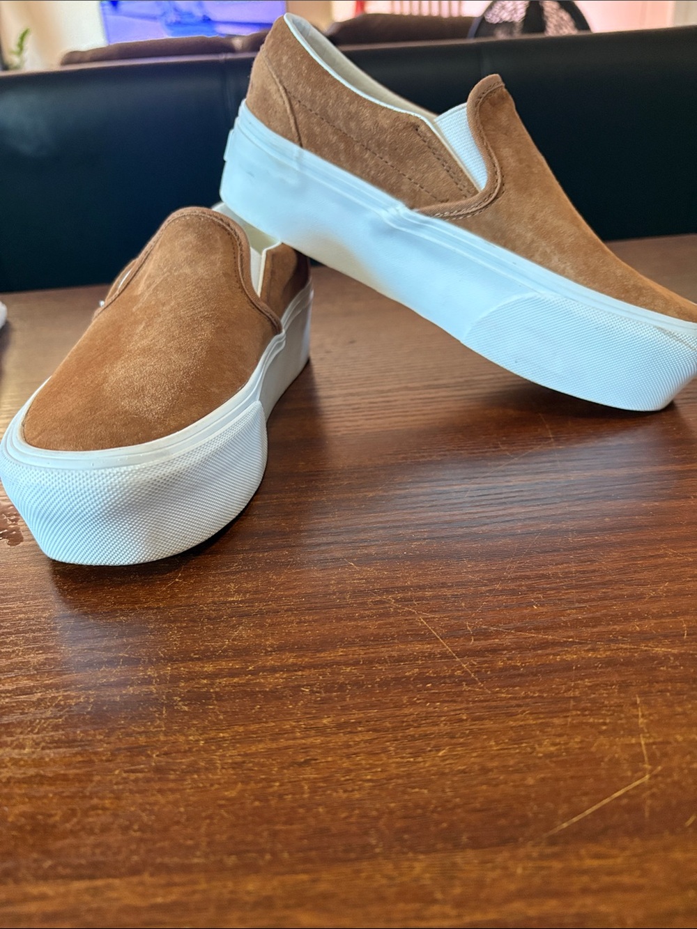 Vans Slip-On Suede Sneakers in Cognac Brown with White Soles